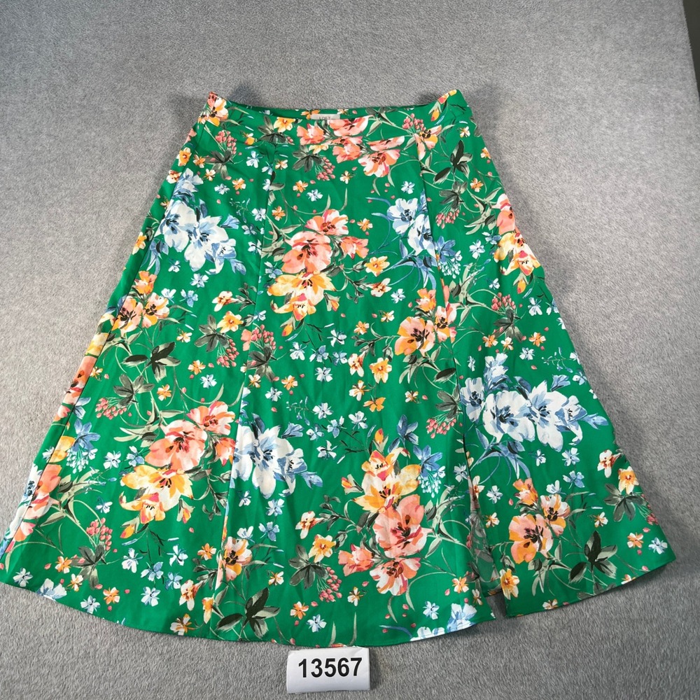 LOFT A Line Skirt Womens 12 Green Multi Floral Midi Flared Slit Front Casual